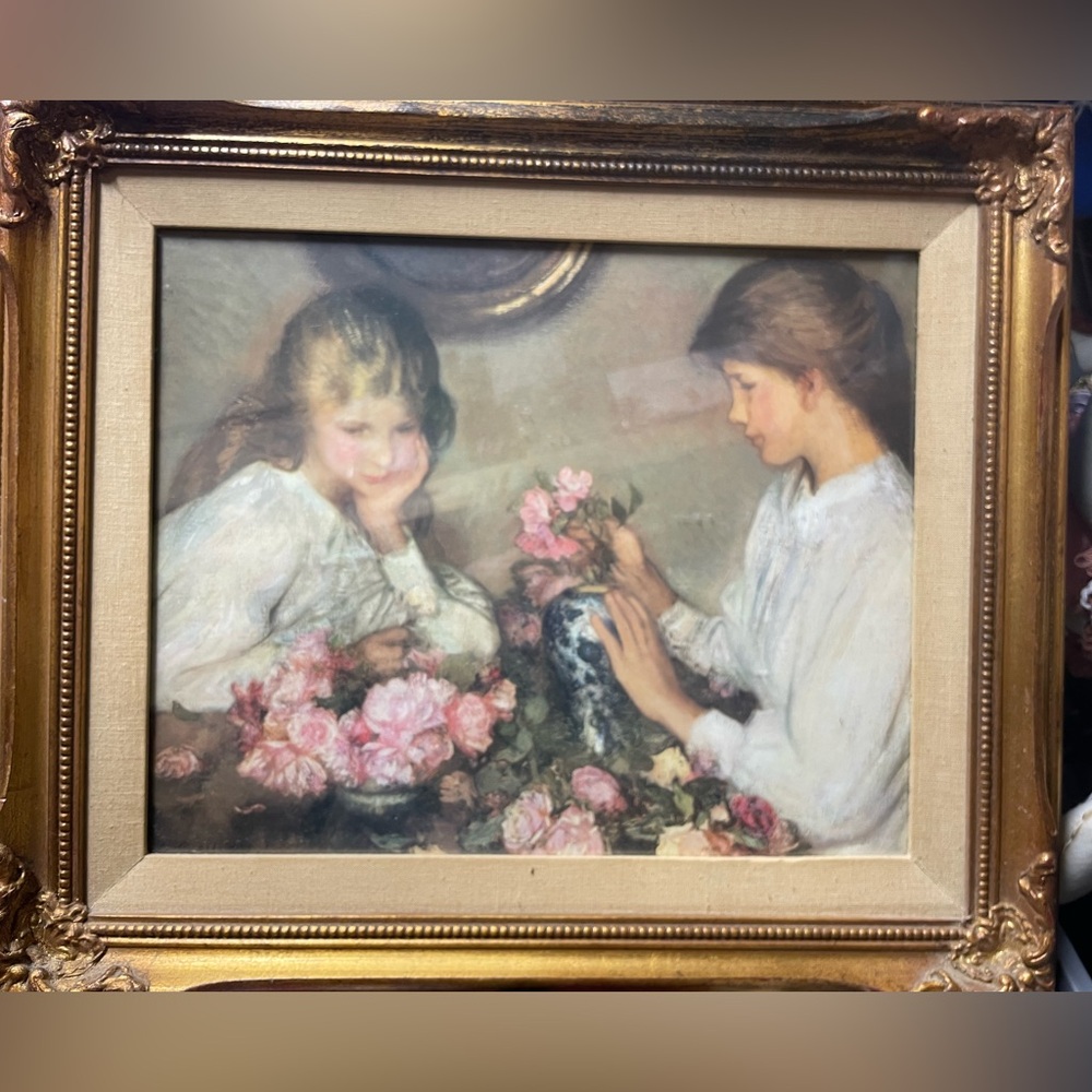 Vintage G. Clausen Print Ornate Wood Frame Girls Arranging Flowers 22.5”